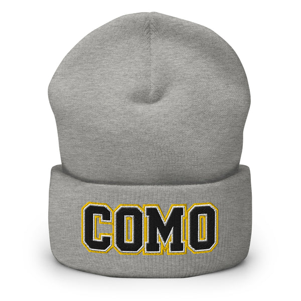 COMO Embroidered Cuffed Beanie in gray with black and gold COMO logo