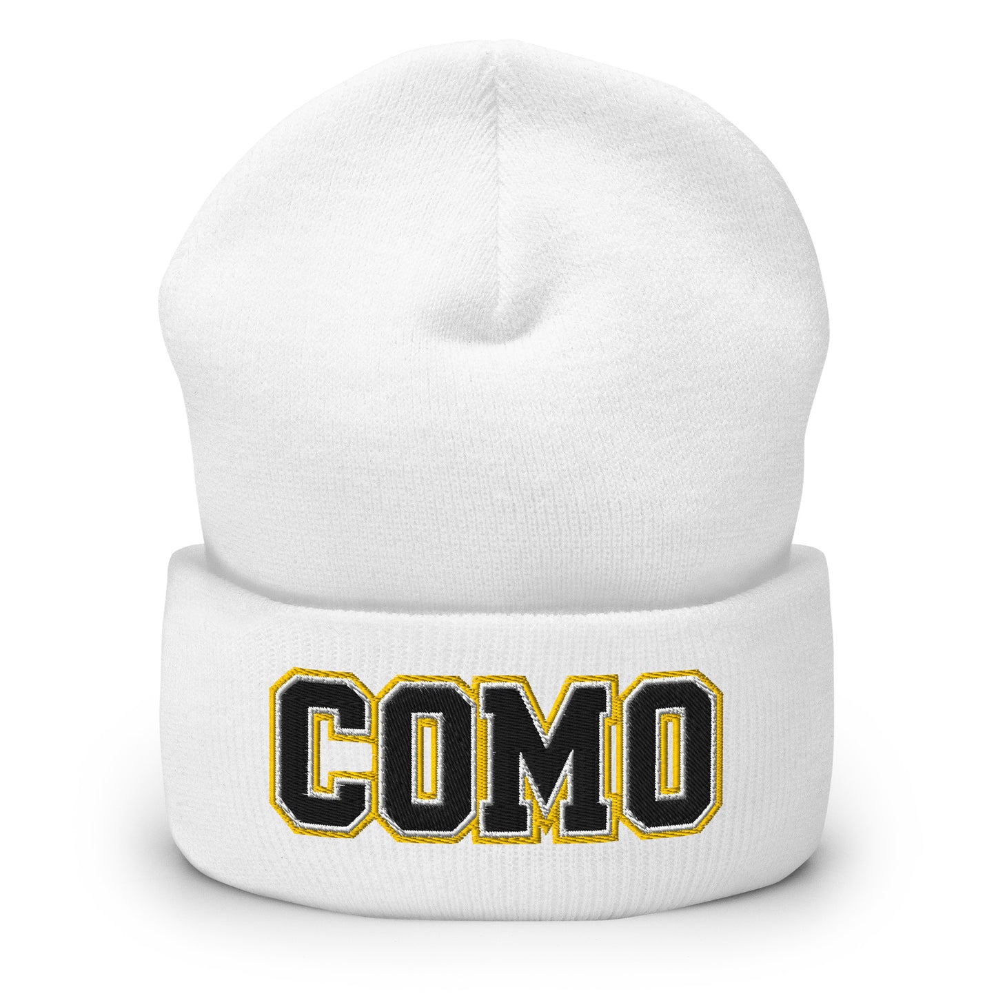 COMO Embroidered Cuffed Beanie in white with gold and black varsity-style embroidery
