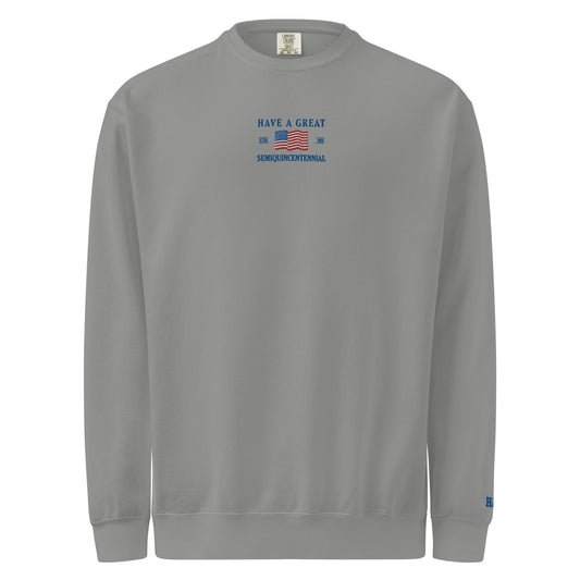 Front view of gray HAGS America 250 embroidered flag sweatshirt, showing small American flag and anniversary chest embroidery.