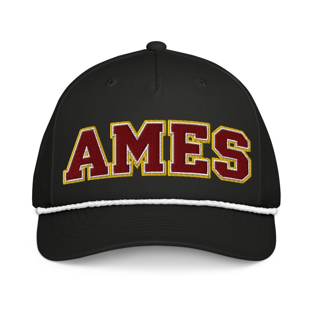 Front view of black HAGS Ames Iowa rope hat, showing maroon and gold AMES lettering and contrasting rope.