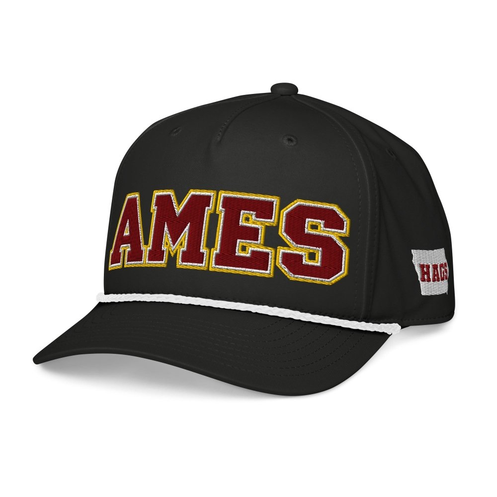 Angled front view of black HAGS Ames Iowa rope hat, showing maroon and gold AMES lettering and contrasting rope.