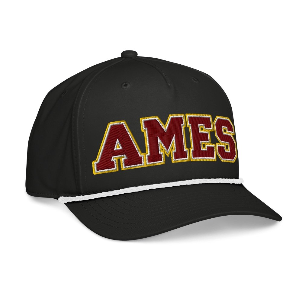Opposite angled front view of black HAGS Ames Iowa rope hat, showing maroon and gold AMES lettering and contrasting rope.