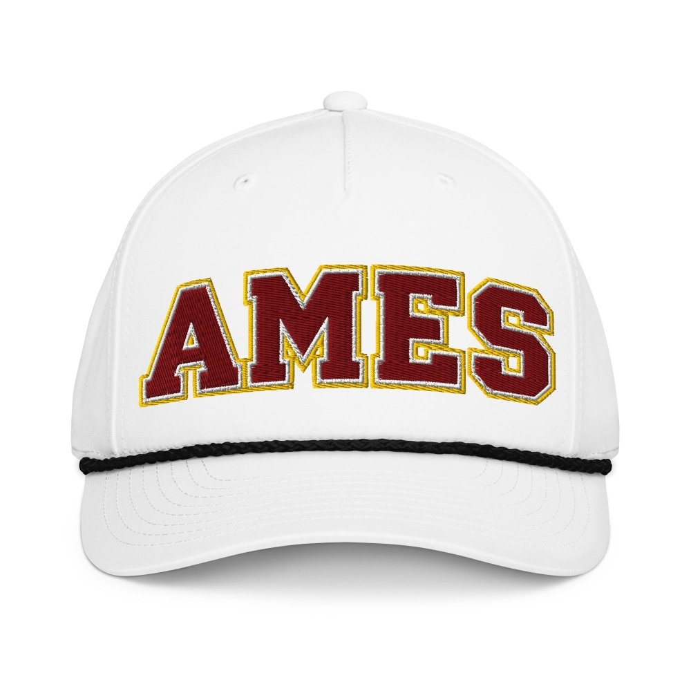 Front view of white HAGS Ames Iowa rope hat, showing maroon and gold AMES lettering and contrasting rope.