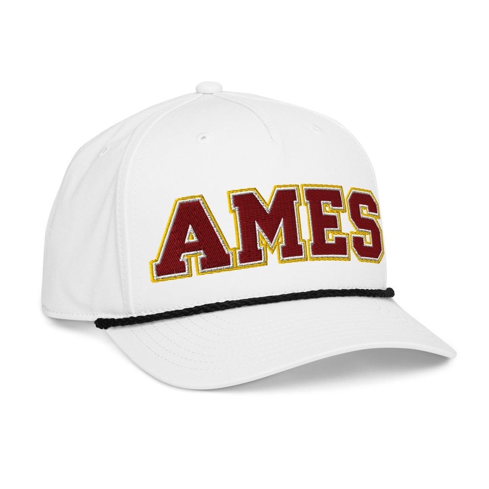 Opposite angled front view of white HAGS Ames Iowa rope hat, showing maroon and gold AMES lettering and contrasting rope.