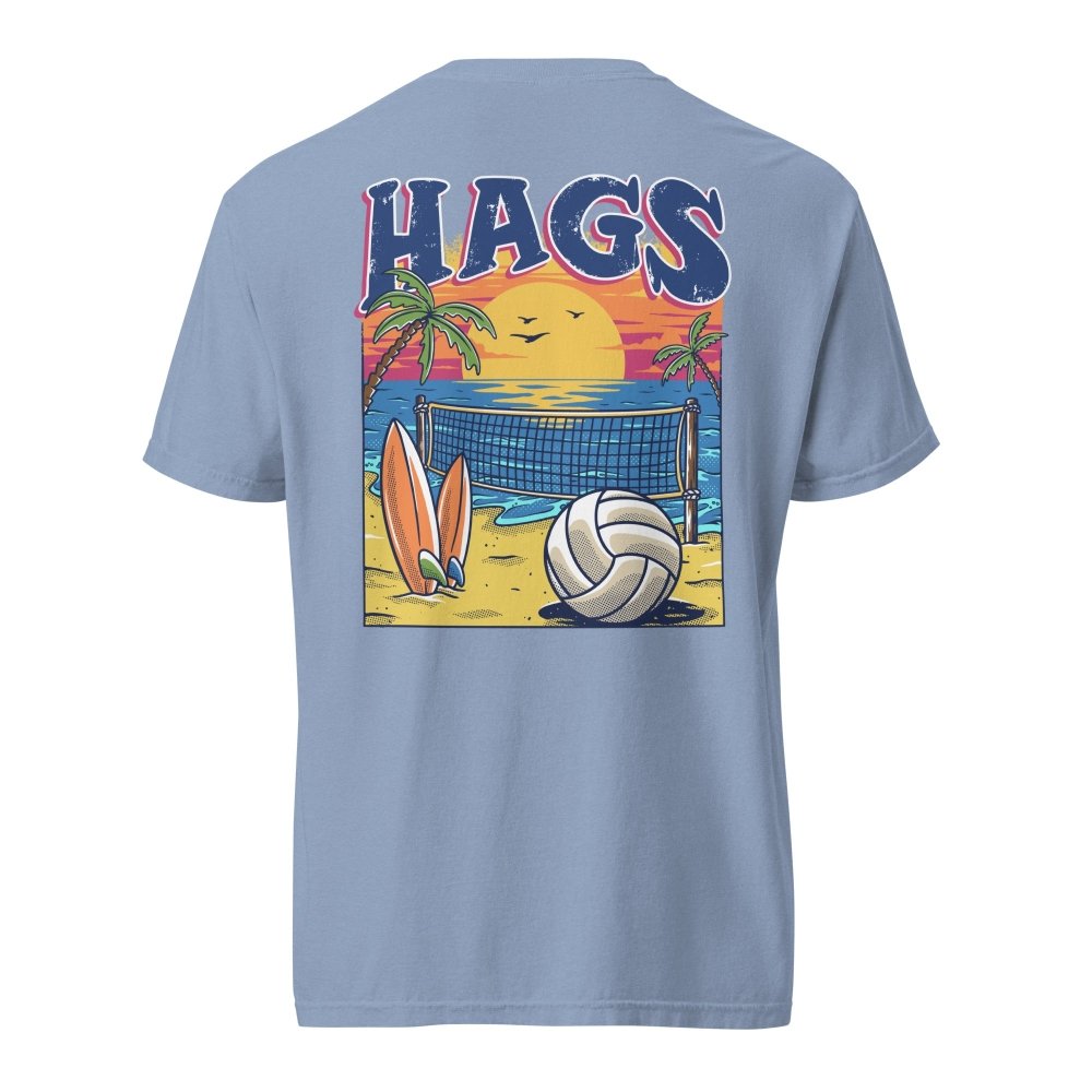 Back view of washed blue HAGS beach volleyball sunset T-shirt, showing a volleyball, surfboards and beach sunset graphic.