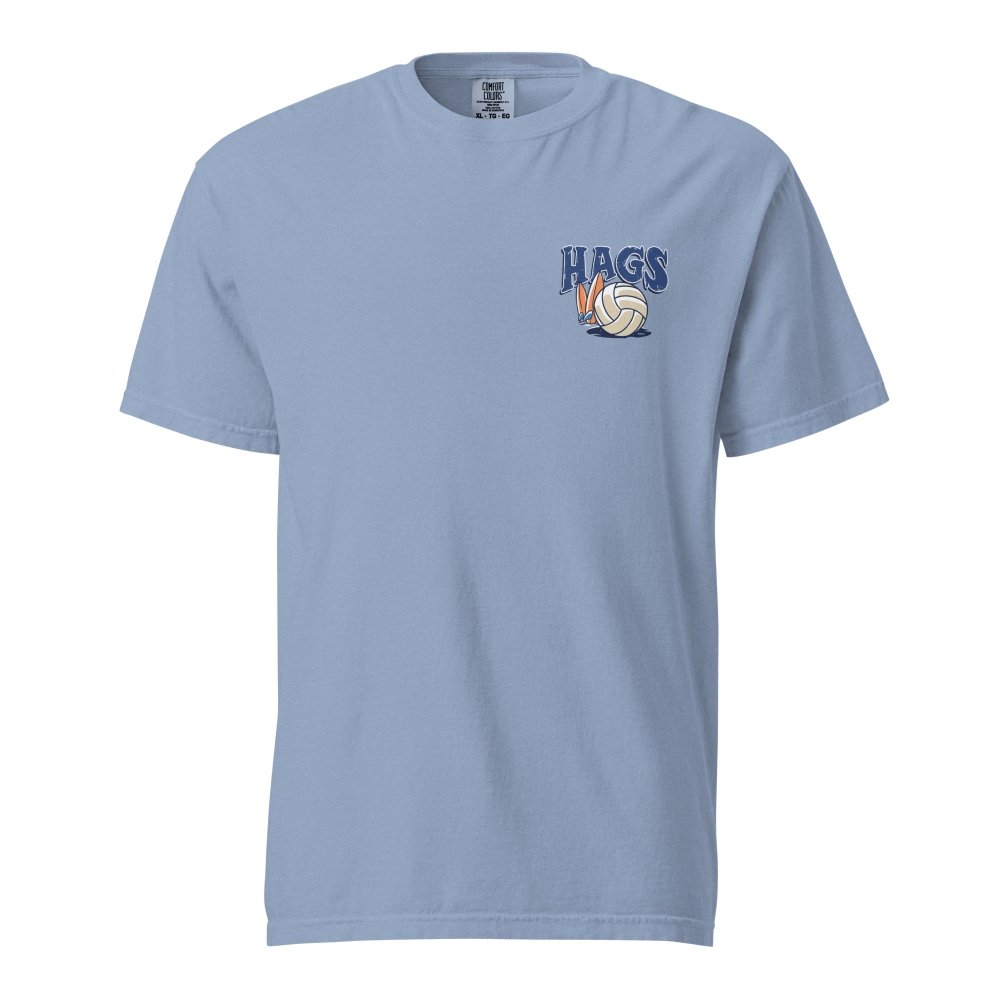 Front view of washed blue HAGS beach volleyball sunset T-shirt, showing small HAGS volleyball chest logo.
