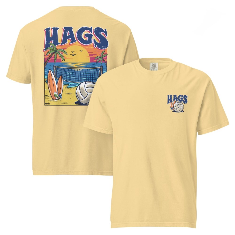 Front and back views of yellow HAGS beach volleyball sunset T-shirt, showing small HAGS volleyball chest logo and a volleyball, surfboards and beach sunset graphic.