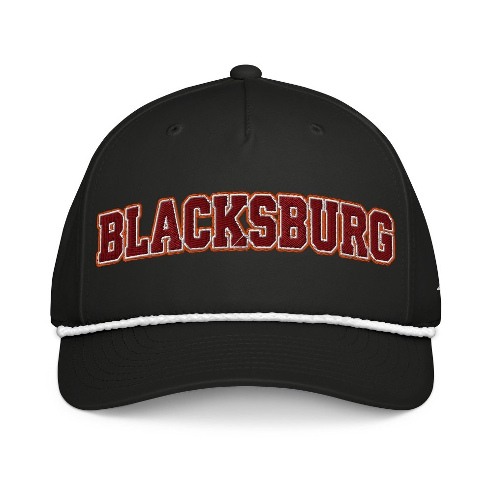 Front view of black HAGS Blacksburg Virginia rope hat, showing maroon and gold BLACKSBURG lettering.