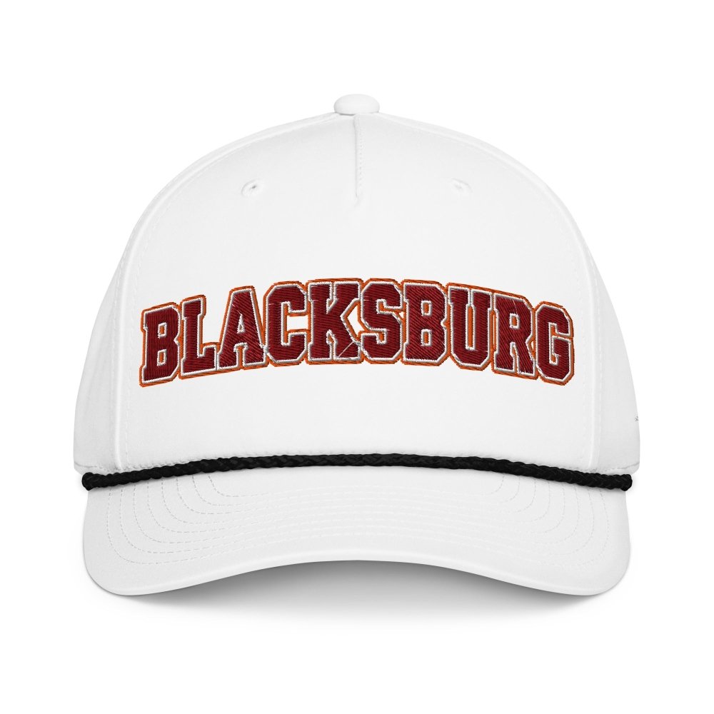Front view of white HAGS Blacksburg Virginia rope hat, showing maroon and gold BLACKSBURG lettering.