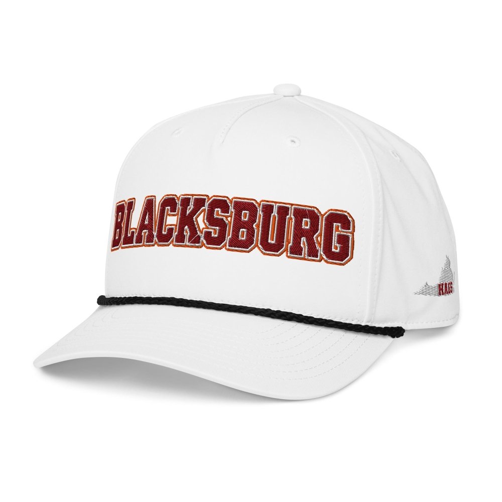 Angled front view of white HAGS Blacksburg Virginia rope hat, showing maroon and gold BLACKSBURG lettering.