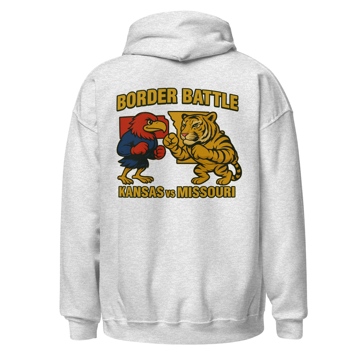 Back view of ash HAGS Border Battle Kansas vs. Missouri hoodie, showing "Border Battle" bird and tiger graphic.