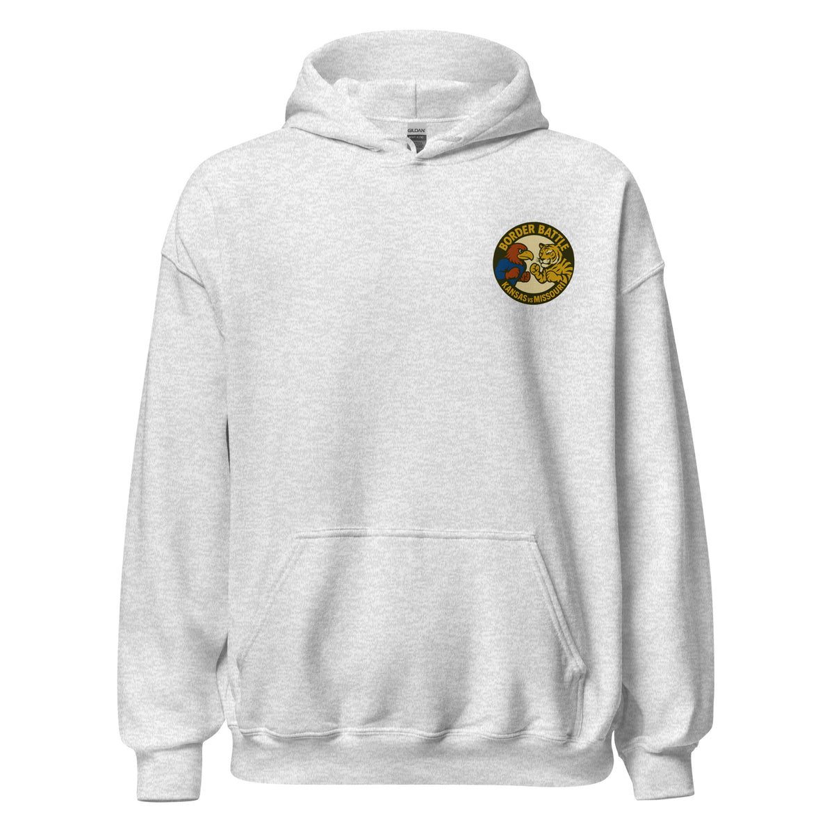 Front view of ash HAGS Border Battle Kansas vs. Missouri hoodie, showing small circular chest graphic.