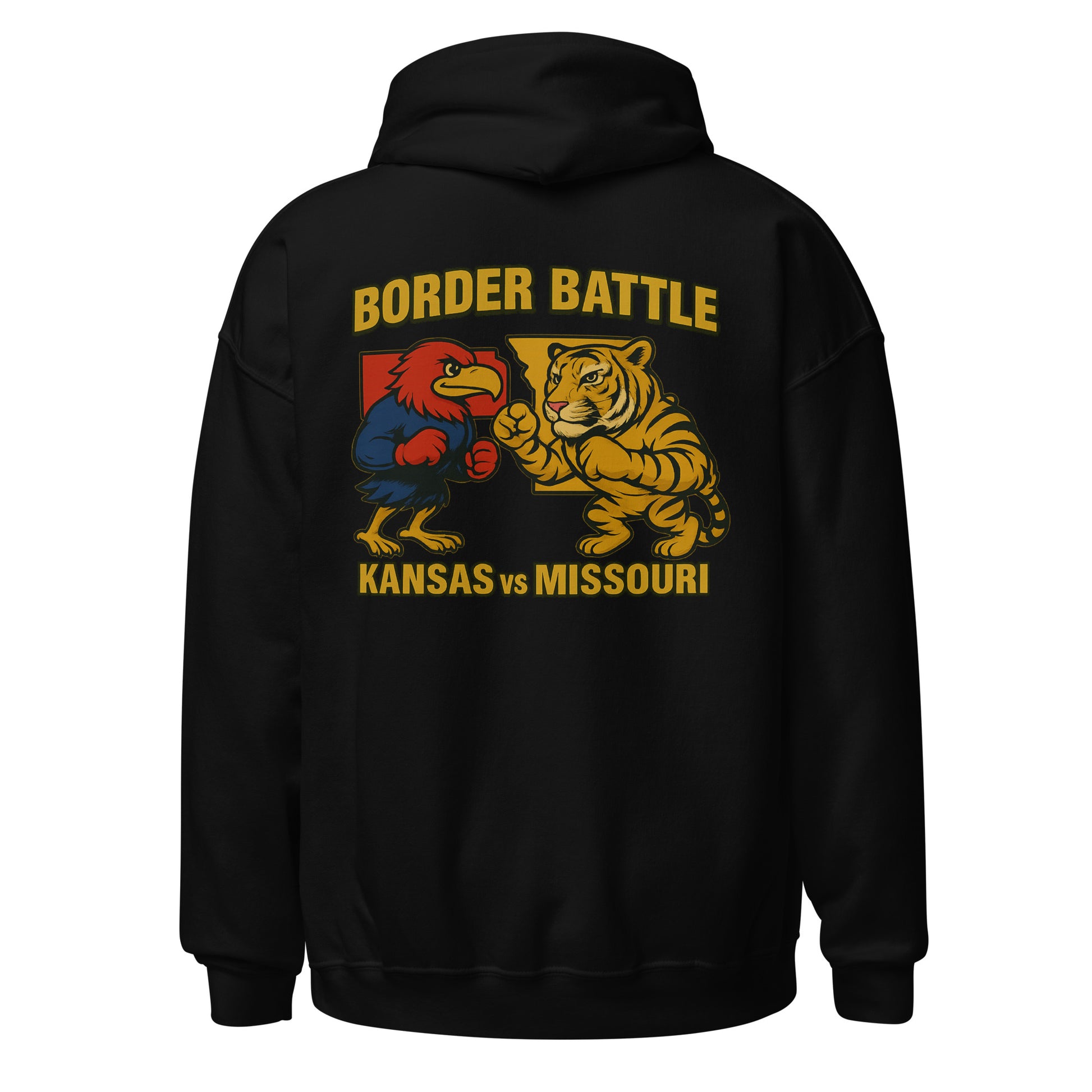 Back view of black HAGS Border Battle Kansas vs. Missouri hoodie, showing "Border Battle" bird and tiger graphic.