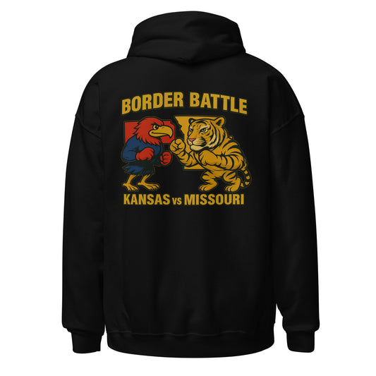 Back view of black HAGS Border Battle Kansas vs. Missouri hoodie, showing "Border Battle" bird and tiger graphic.