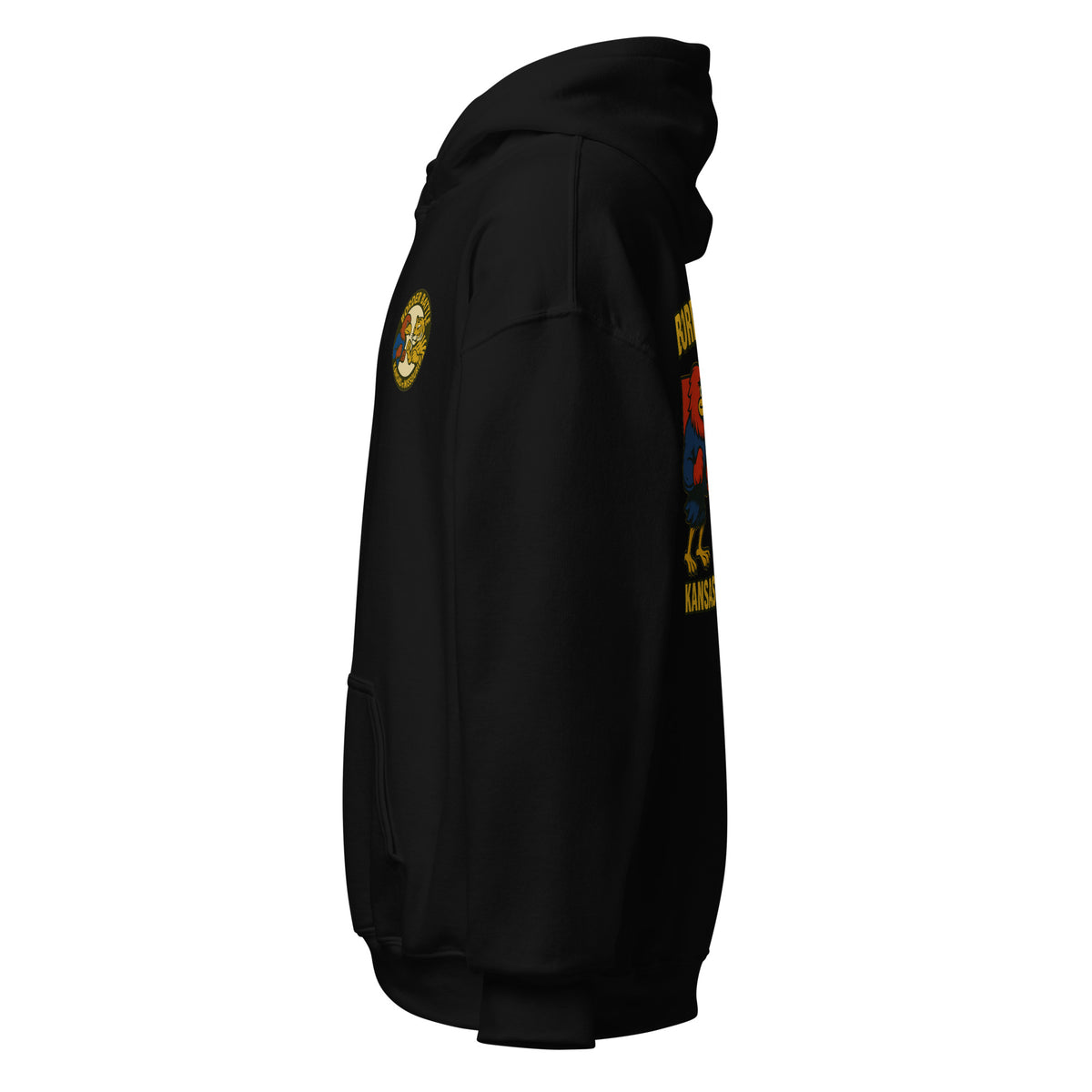 Left-side view of black HAGS Border Battle Kansas vs. Missouri hoodie.