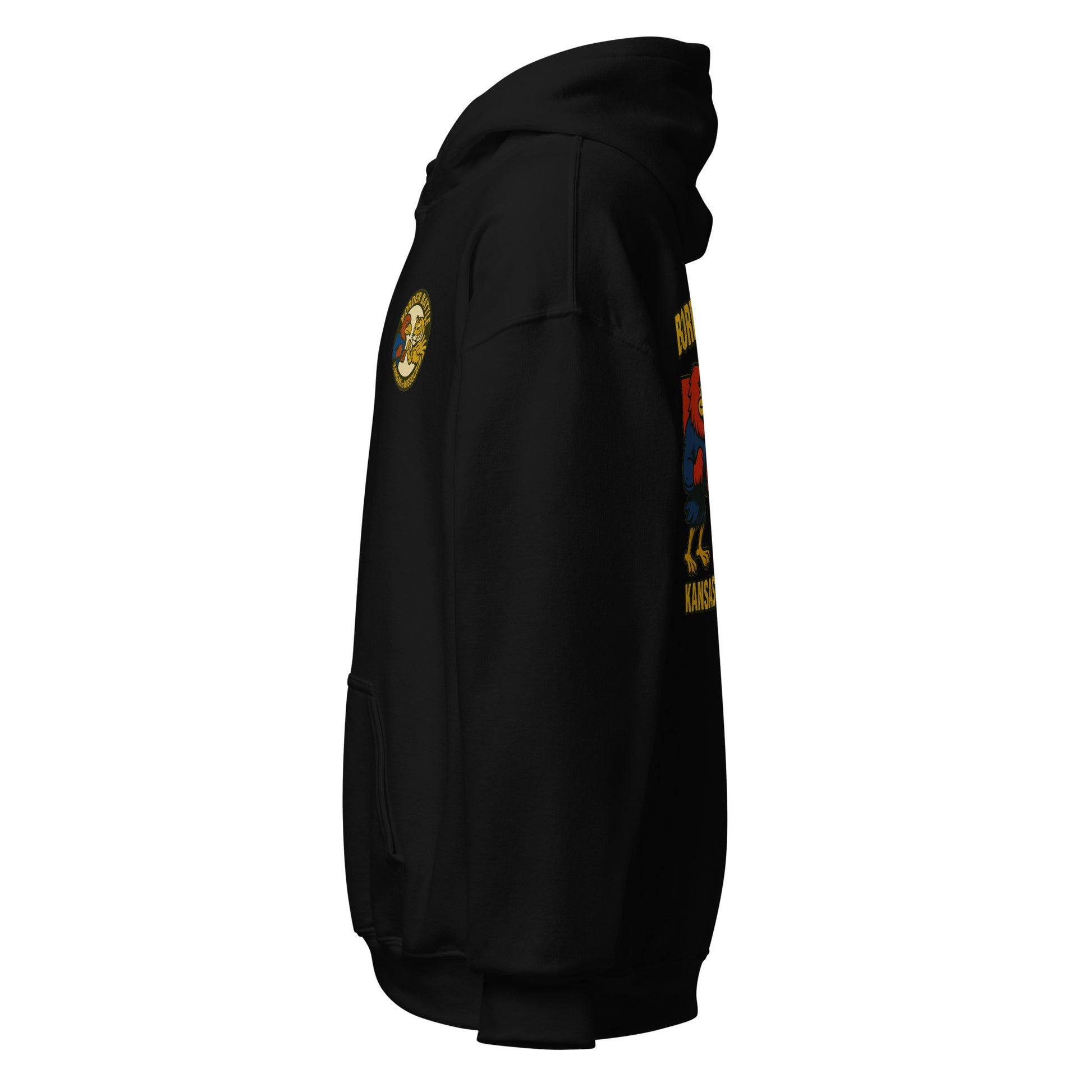 Left-side view of black HAGS Border Battle Kansas vs. Missouri hoodie.