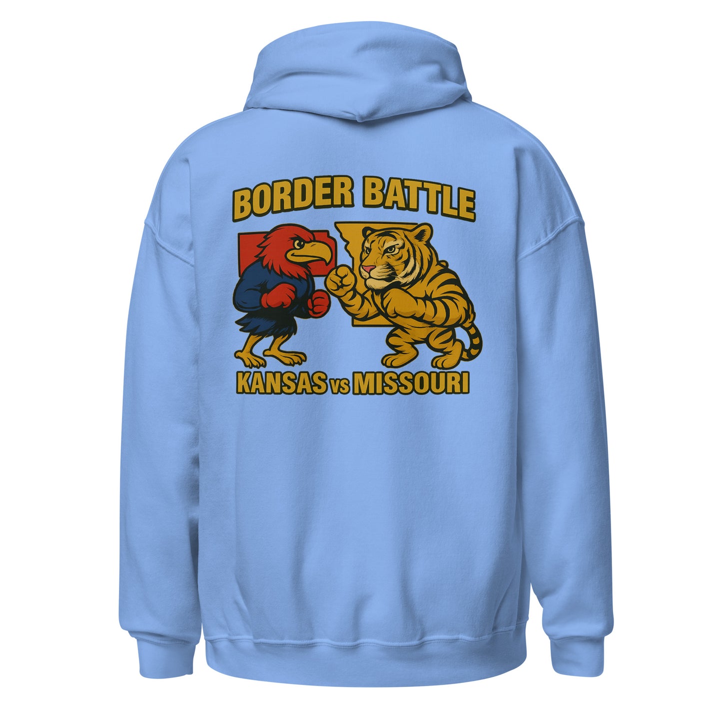 Back view of carolina blue HAGS Border Battle Kansas vs. Missouri hoodie, showing "Border Battle" bird and tiger graphic.
