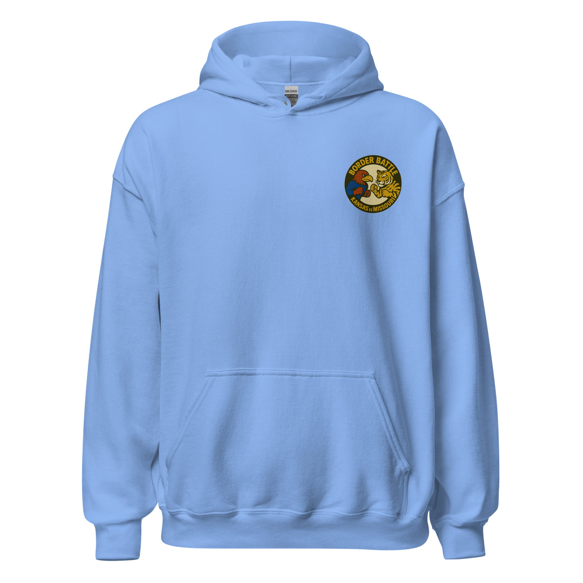 Front view of carolina blue HAGS Border Battle Kansas vs. Missouri hoodie, showing small circular chest graphic.