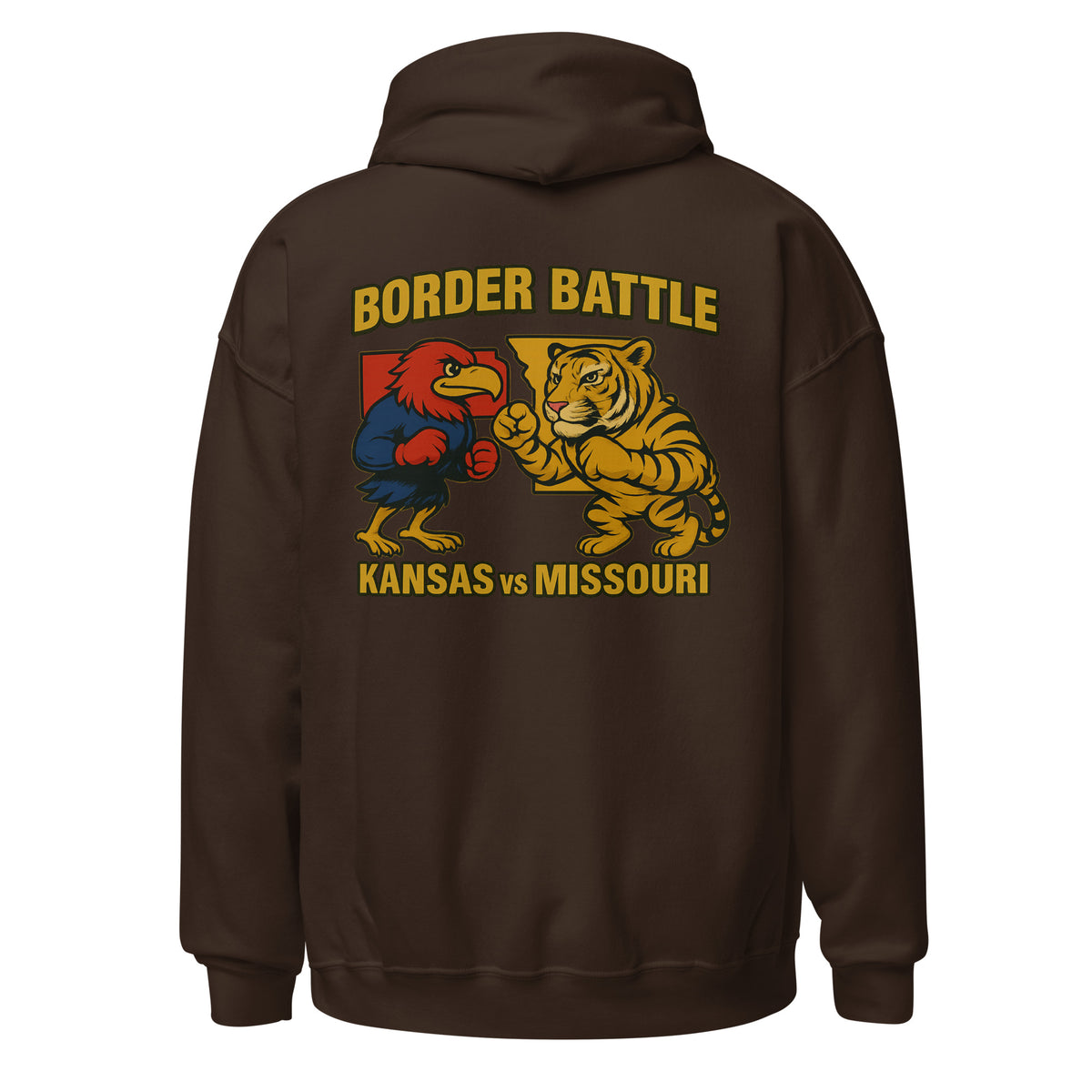 Back view of dark chocolate HAGS Border Battle Kansas vs. Missouri hoodie, showing "Border Battle" bird and tiger graphic.