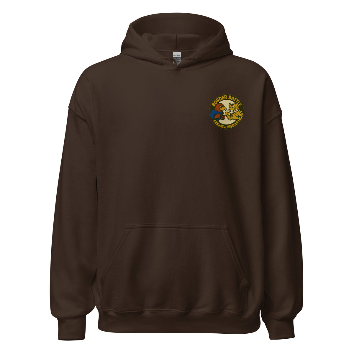 Front view of dark chocolate HAGS Border Battle Kansas vs. Missouri hoodie, showing small circular chest graphic.