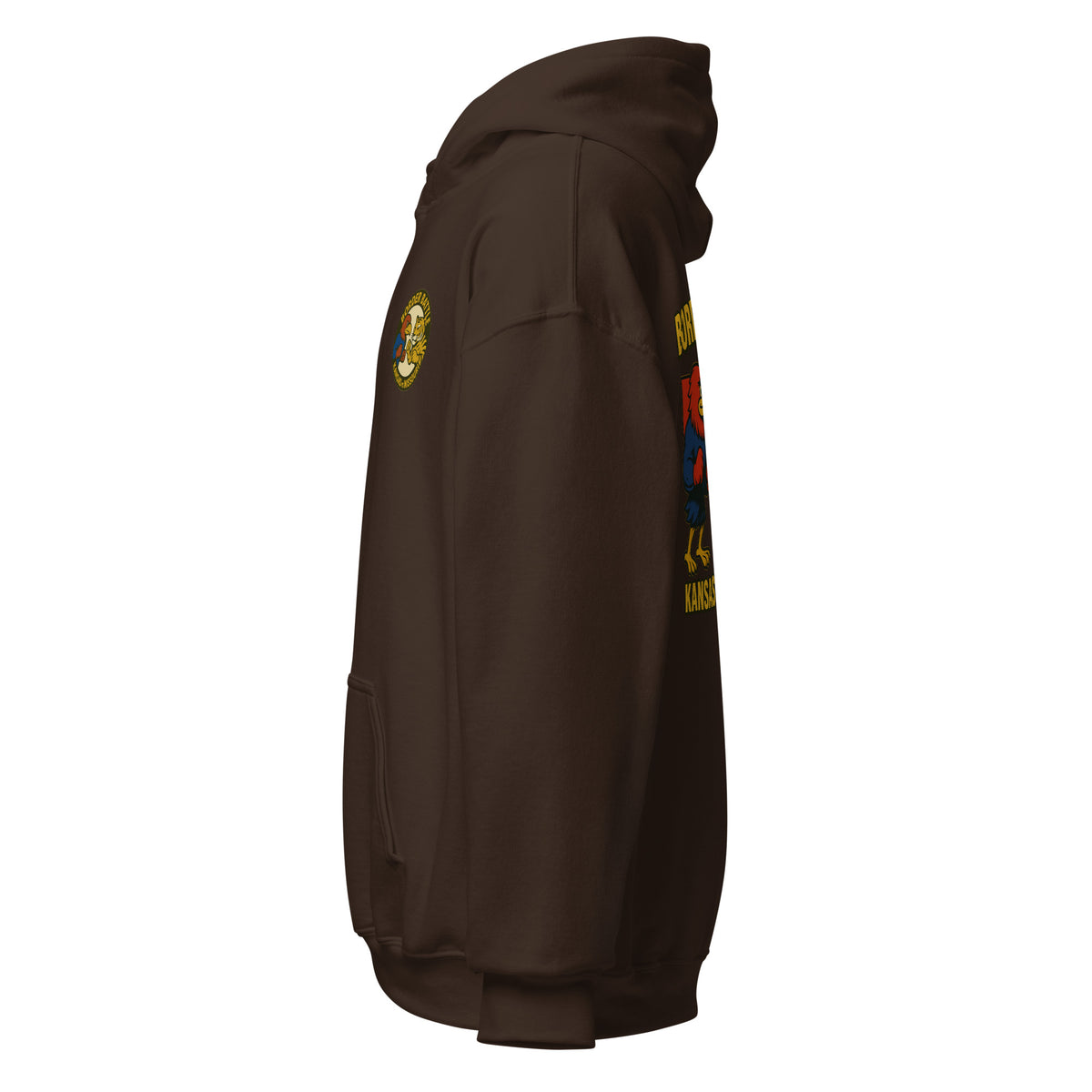 Left-side view of dark chocolate HAGS Border Battle Kansas vs. Missouri hoodie.