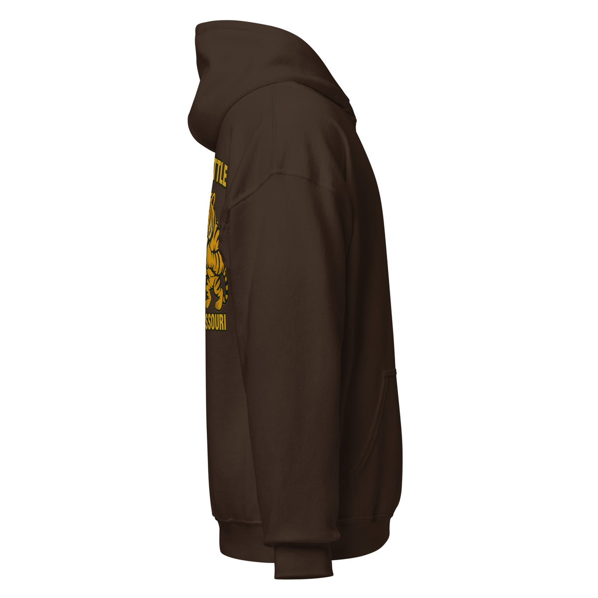 Right-side view of dark chocolate HAGS Border Battle Kansas vs. Missouri hoodie.