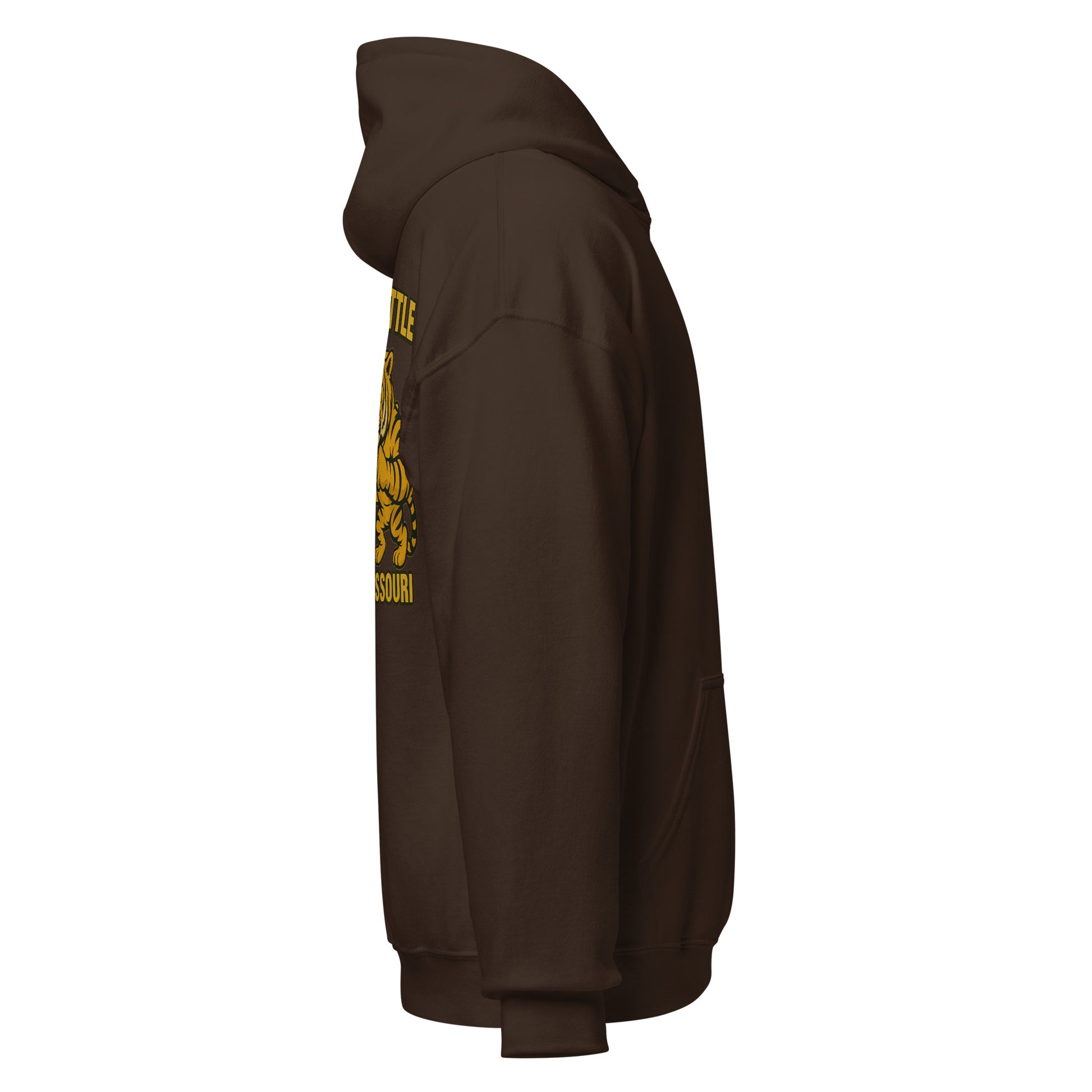 Right-side view of dark chocolate HAGS Border Battle Kansas vs. Missouri hoodie.