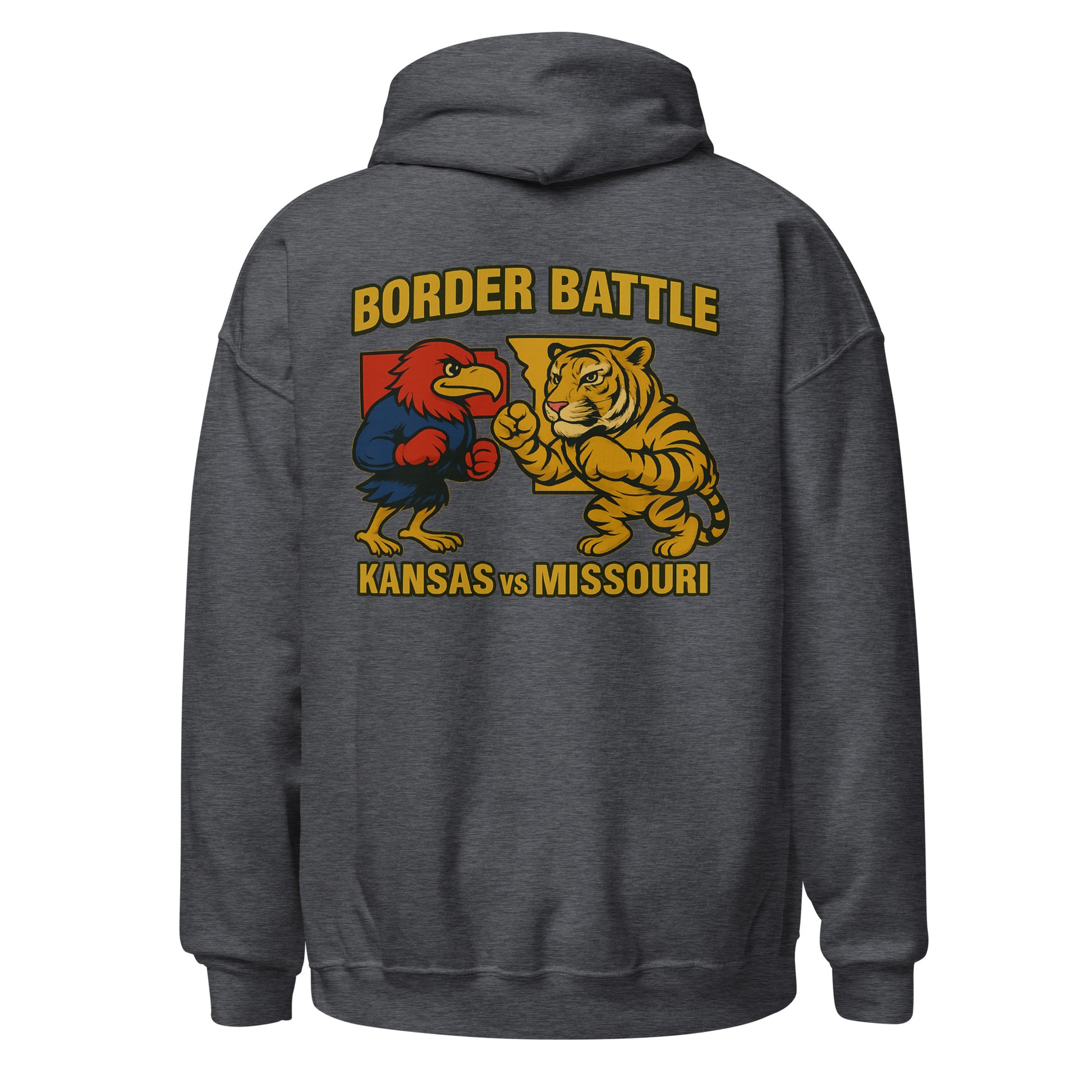 Back view of dark heather HAGS Border Battle Kansas vs. Missouri hoodie, showing "Border Battle" bird and tiger graphic.