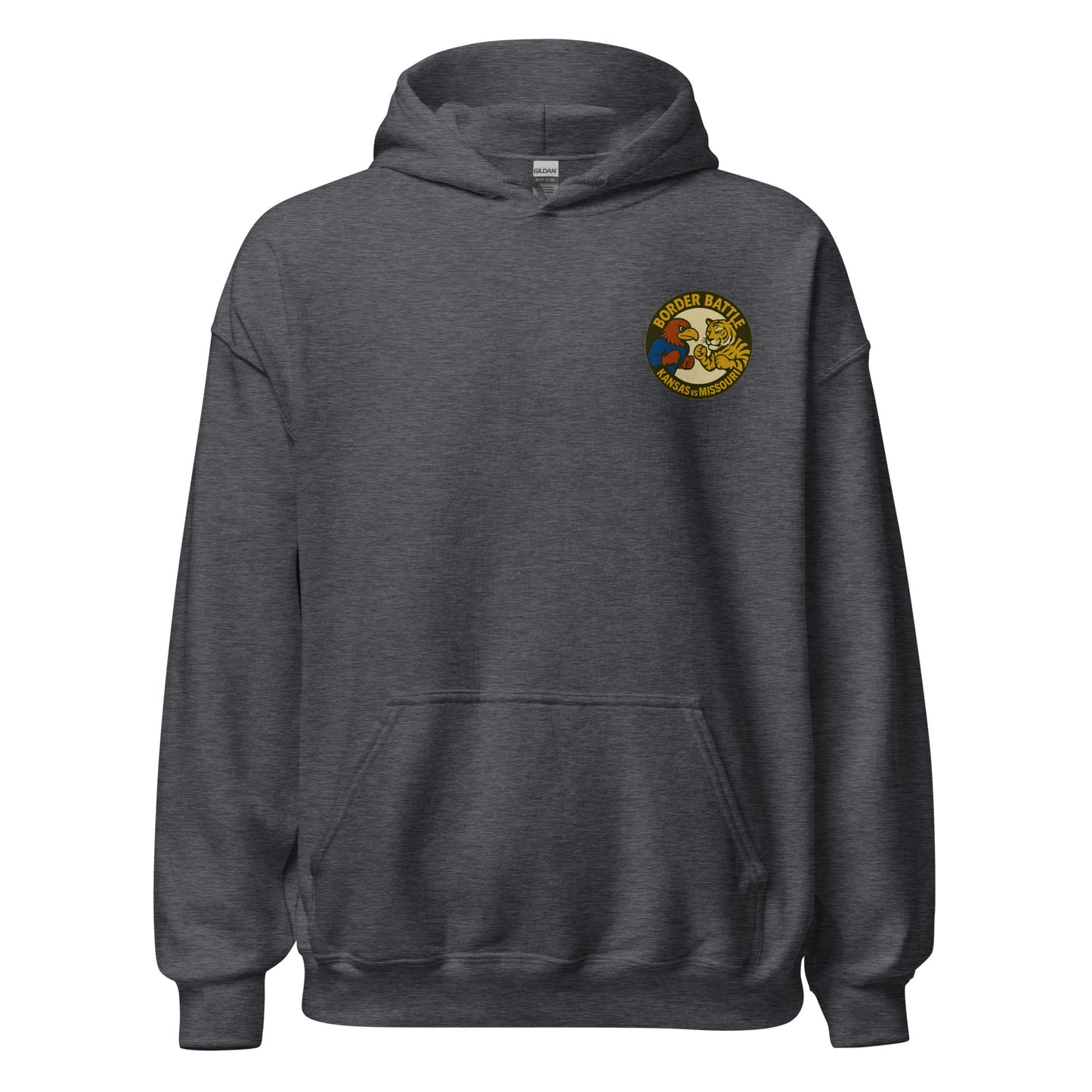 Front view of dark heather HAGS Border Battle Kansas vs. Missouri hoodie, showing small circular chest graphic.