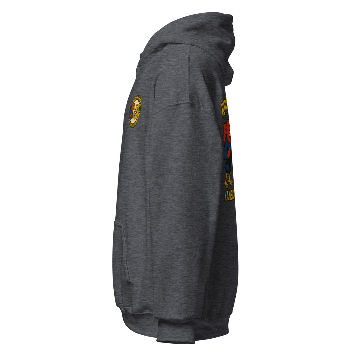 Left-side view of dark heather HAGS Border Battle Kansas vs. Missouri hoodie.