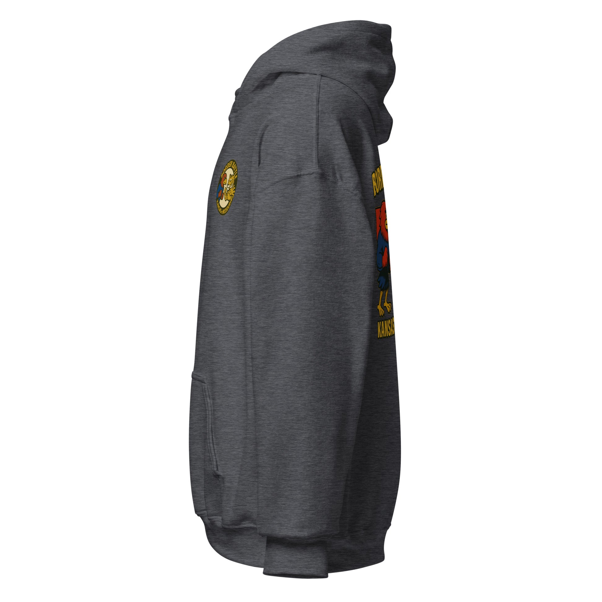 Left-side view of dark heather HAGS Border Battle Kansas vs. Missouri hoodie.