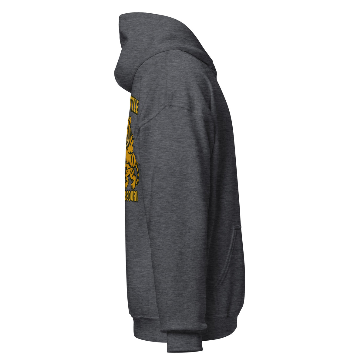 Right-side view of dark heather HAGS Border Battle Kansas vs. Missouri hoodie.