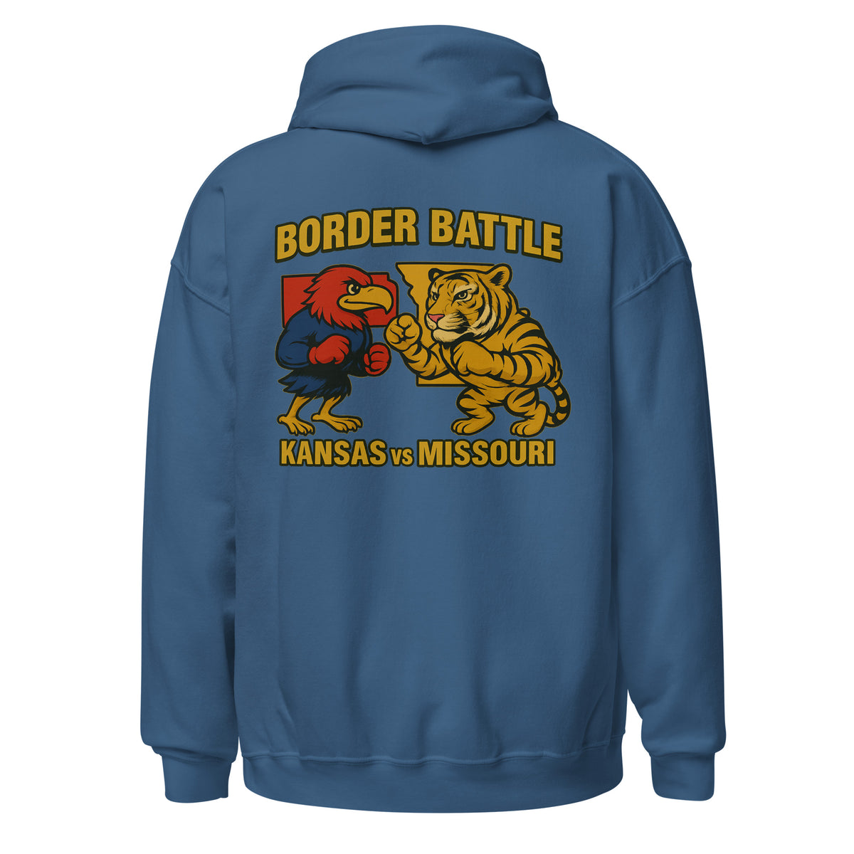 Back view of indigo blue HAGS Border Battle Kansas vs. Missouri hoodie, showing "Border Battle" bird and tiger graphic.