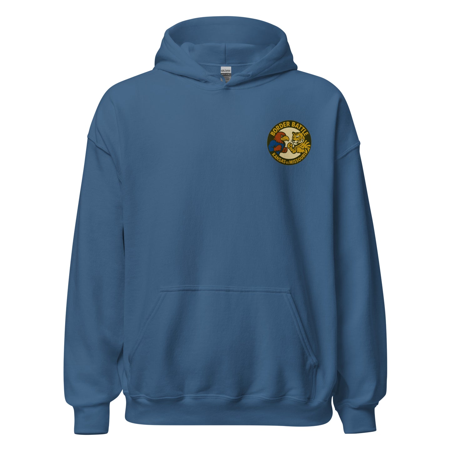 Front view of indigo blue HAGS Border Battle Kansas vs. Missouri hoodie, showing small circular chest graphic.