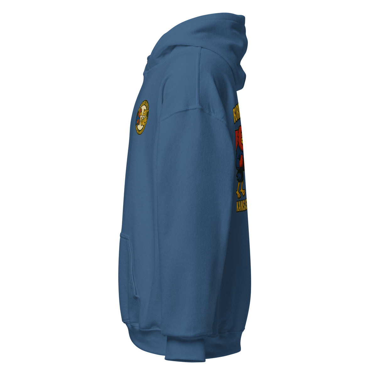 Left-side view of indigo blue HAGS Border Battle Kansas vs. Missouri hoodie.