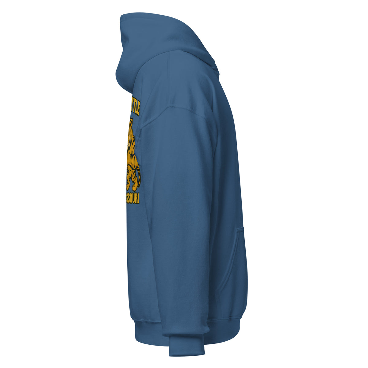 Right-side view of indigo blue HAGS Border Battle Kansas vs. Missouri hoodie.
