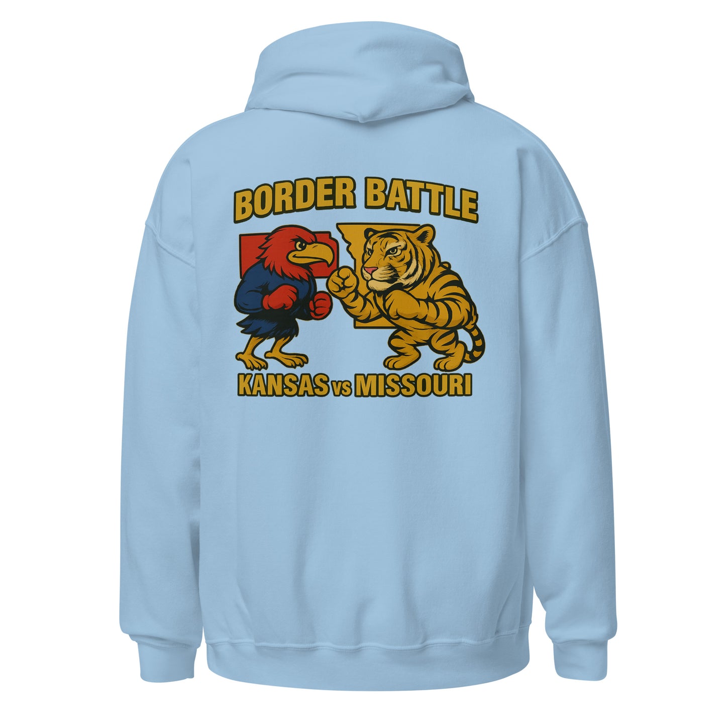 Back view of light blue HAGS Border Battle Kansas vs. Missouri hoodie, showing "Border Battle" bird and tiger graphic.
