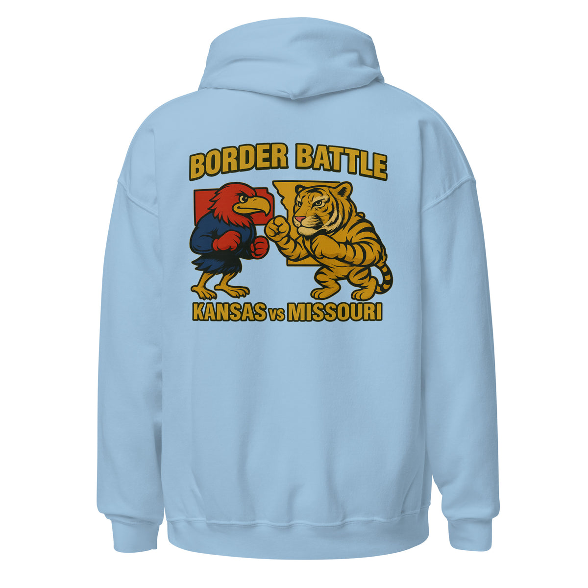Back view of light blue HAGS Border Battle Kansas vs. Missouri hoodie, showing "Border Battle" bird and tiger graphic.