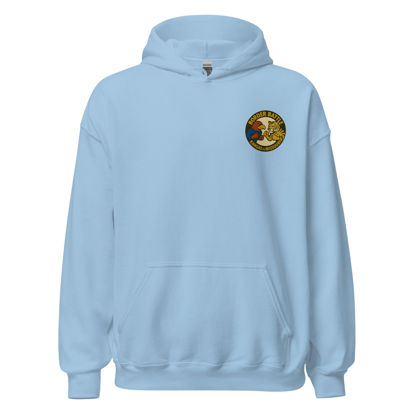 Front view of light blue HAGS Border Battle Kansas vs. Missouri hoodie, showing small circular chest graphic.