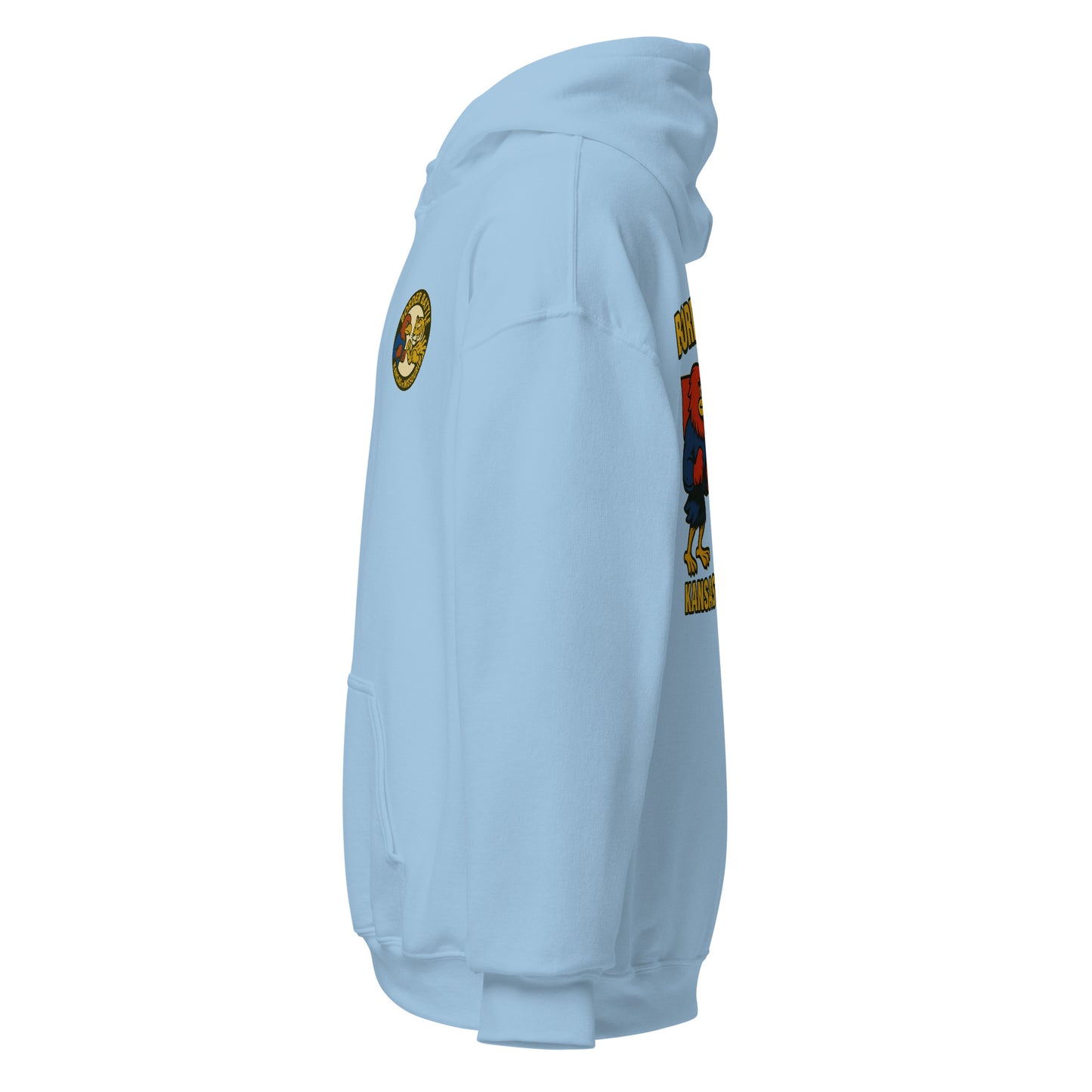 Left-side view of light blue HAGS Border Battle Kansas vs. Missouri hoodie.