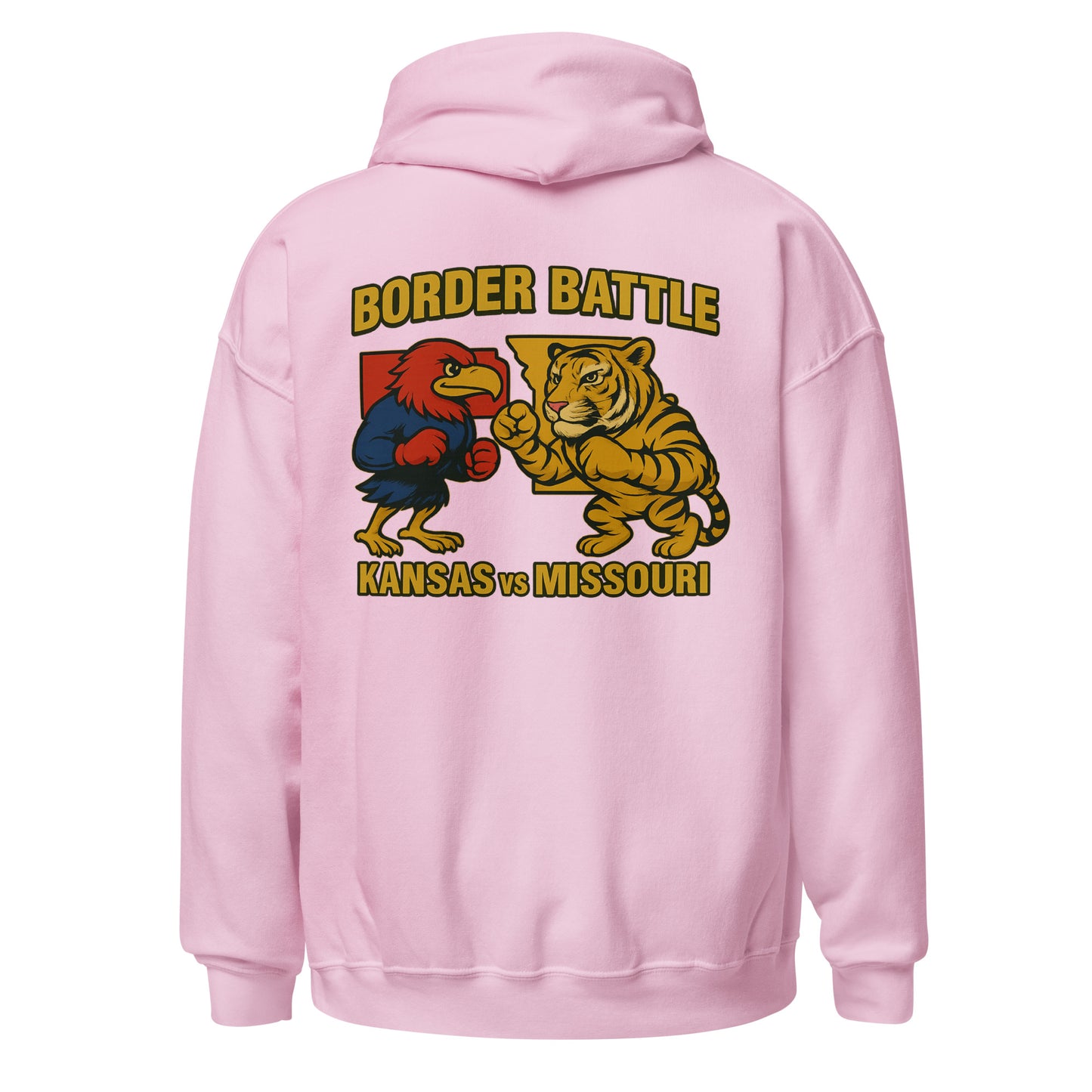 Back view of light pink HAGS Border Battle Kansas vs. Missouri hoodie, showing "Border Battle" bird and tiger graphic.