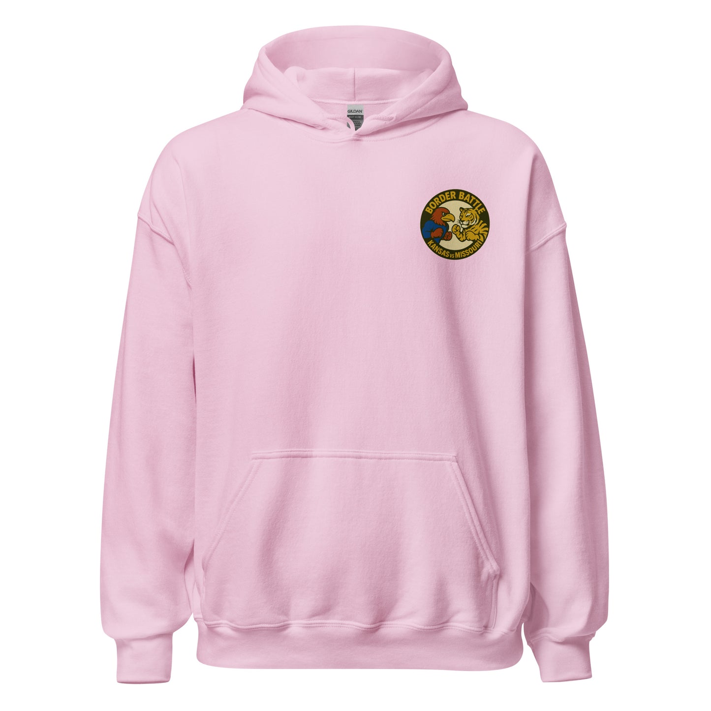 Front view of light pink HAGS Border Battle Kansas vs. Missouri hoodie, showing small circular chest graphic.