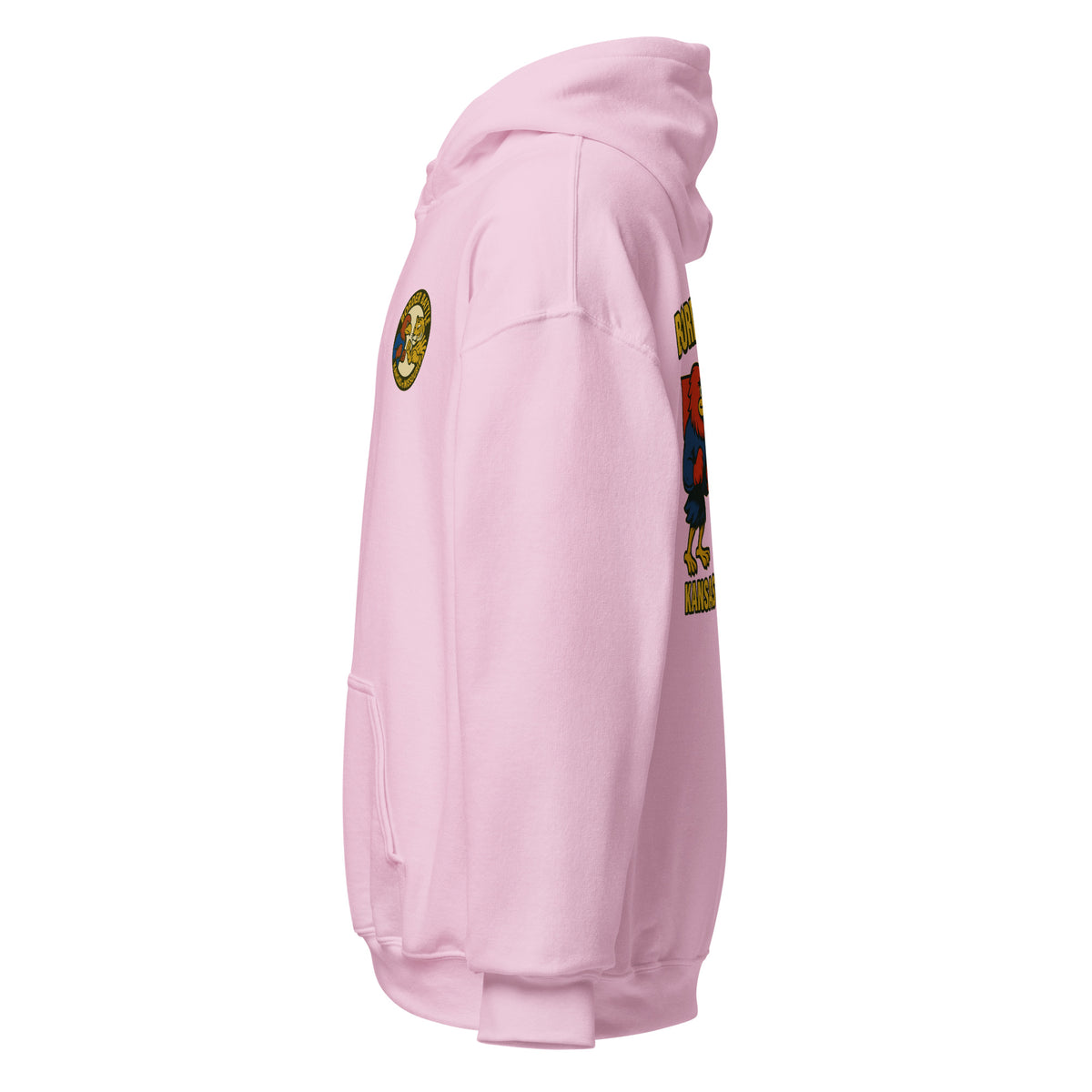 Left-side view of light pink HAGS Border Battle Kansas vs. Missouri hoodie.