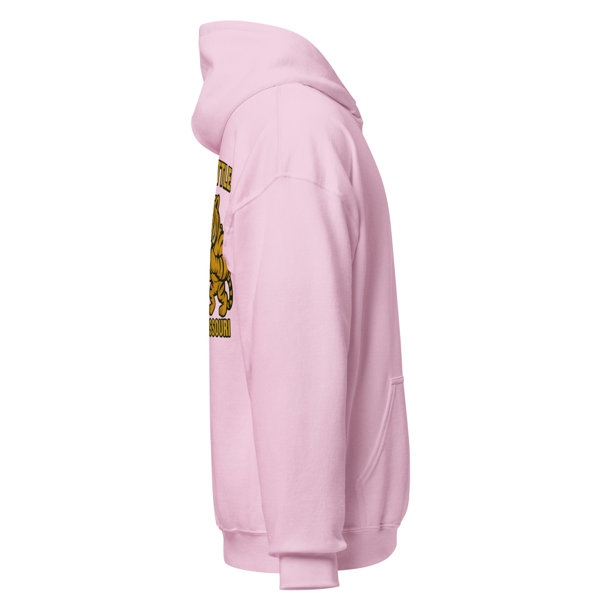 Right-side view of light pink HAGS Border Battle Kansas vs. Missouri hoodie.