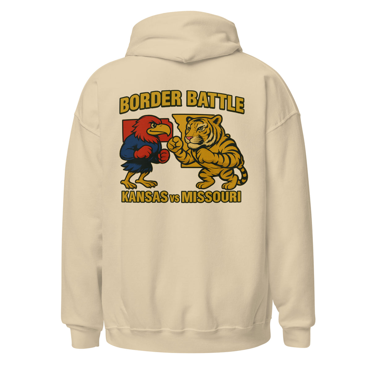 Back view of sand HAGS Border Battle Kansas vs. Missouri hoodie, showing "Border Battle" bird and tiger graphic.