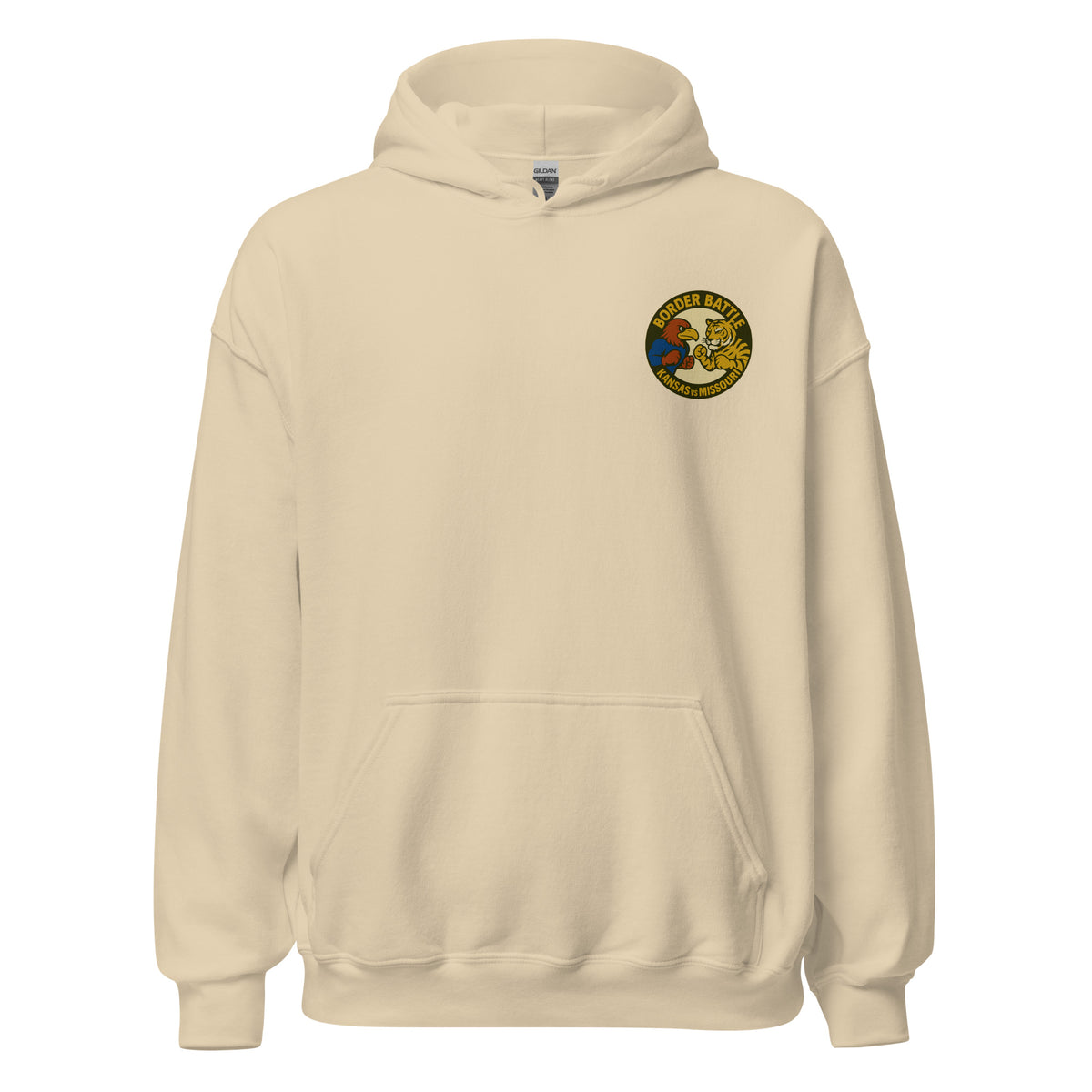 Front view of sand HAGS Border Battle Kansas vs. Missouri hoodie, showing small circular chest graphic.
