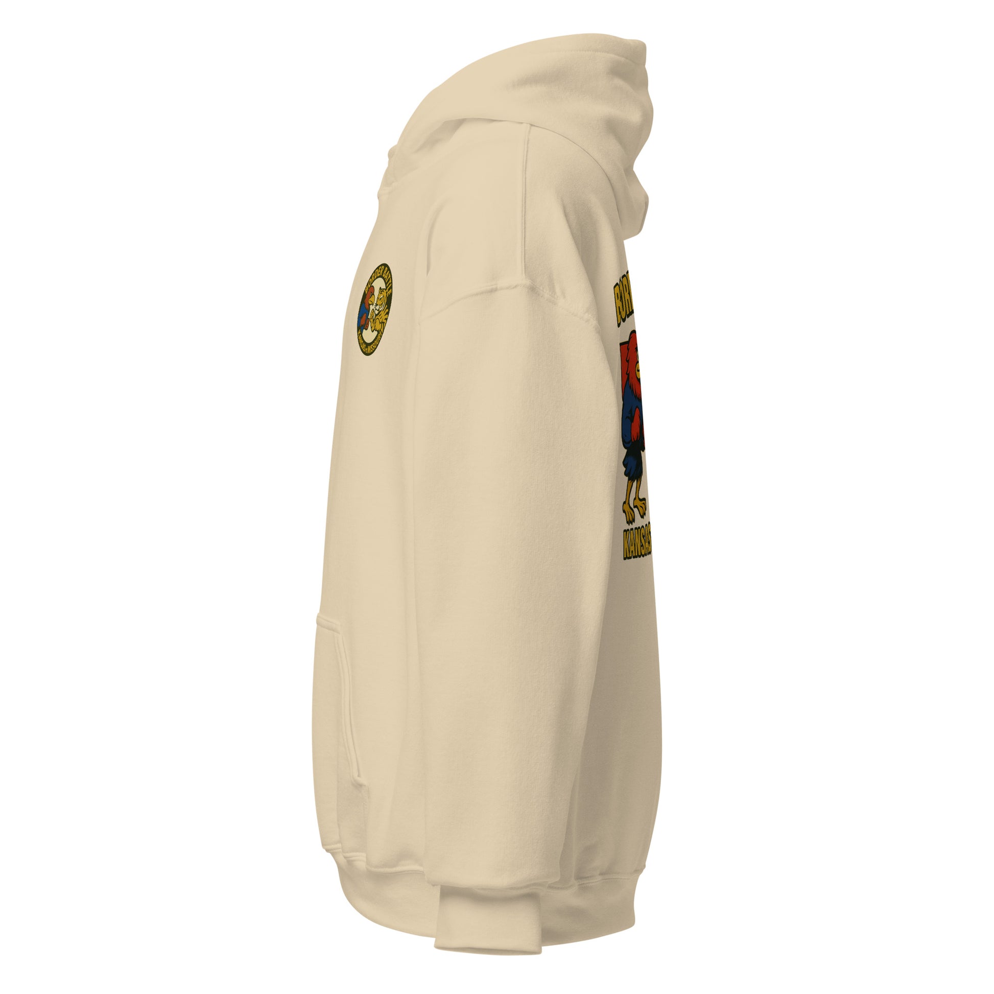 Left-side view of sand HAGS Border Battle Kansas vs. Missouri hoodie.