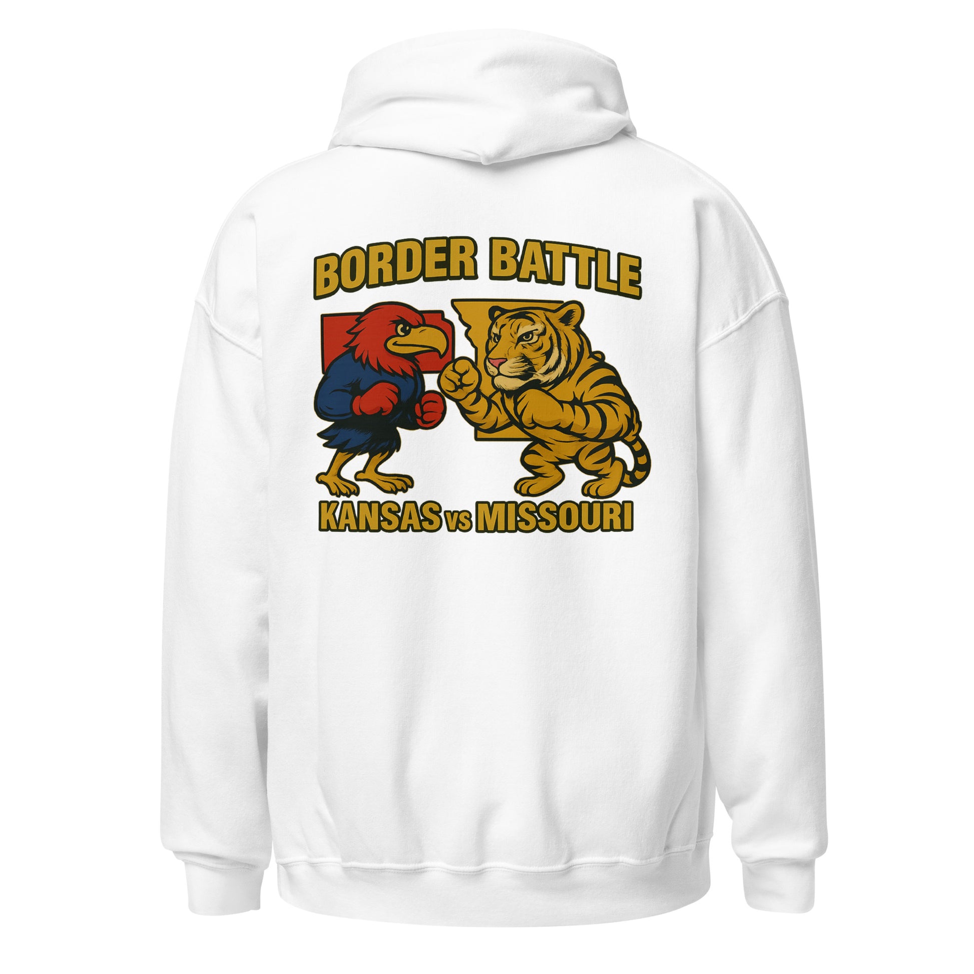 Back view of white HAGS Border Battle Kansas vs. Missouri hoodie, showing "Border Battle" bird and tiger graphic.
