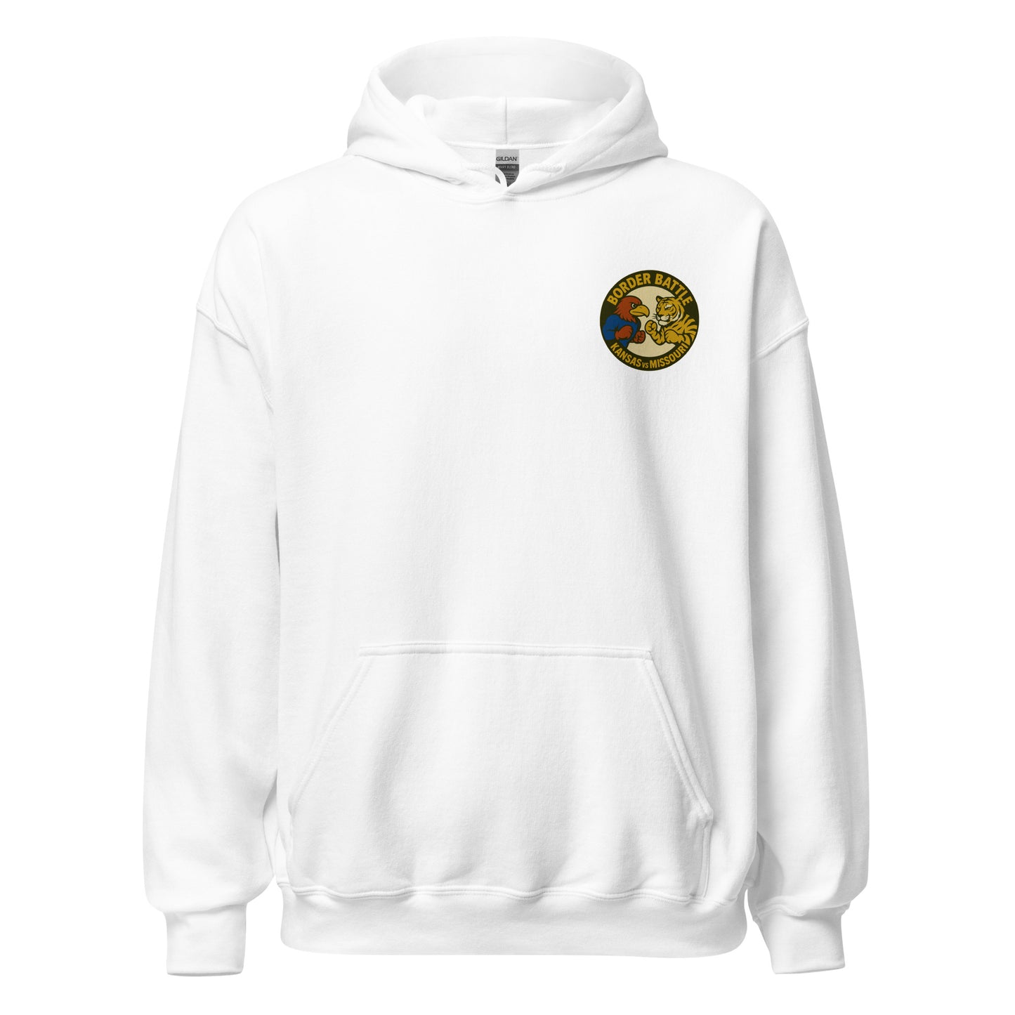 Front view of white HAGS Border Battle Kansas vs. Missouri hoodie, showing small circular chest graphic.