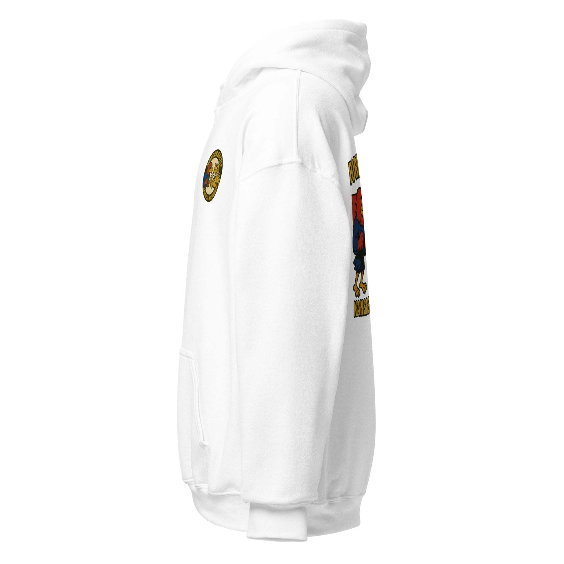Left-side view of white HAGS Border Battle Kansas vs. Missouri hoodie.